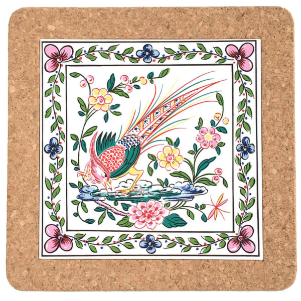 Portuguese tile with bird and flowers in cork frame CA-51649
