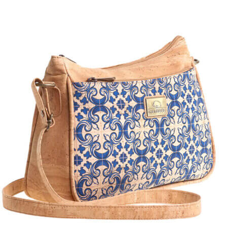 Cork bag with front zip pocket and blue pattern